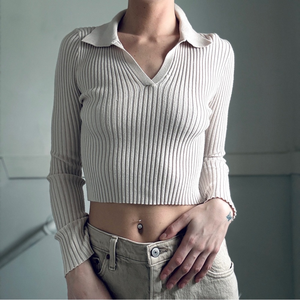 Active USA Ribbed Long Sleeve Crop Top – Neutral Cream | Size M